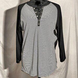Howe Black and White Striped Henley, Medium